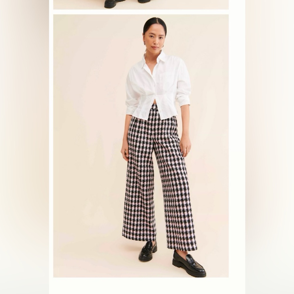 Anthropologie Black and White Houndstooth Wide-Leg Pants (black, white and pink)